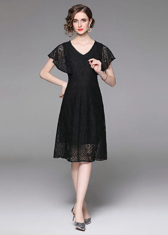 cotton midi dressesFashion Black V Neck Hollow Out Patchwork Lace Mid Dress Butterfly Sleeve