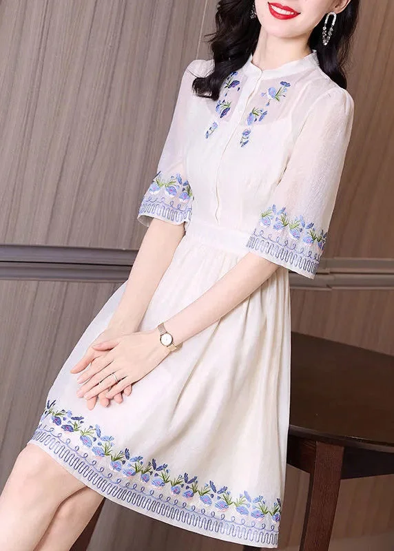 body-hugging midi dressesHandmade Apricot Stand Collar Embroideried Floral Slim Mid Dress Short Sleeve