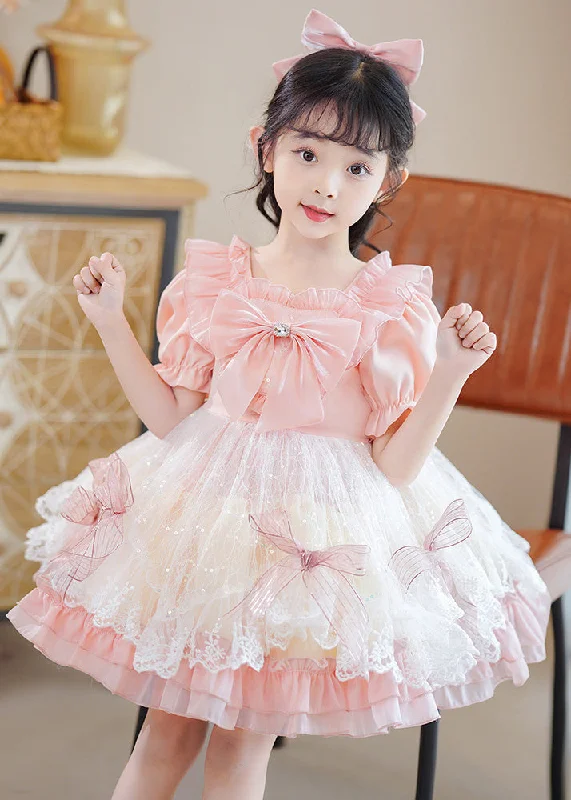 midi dresses with sheer sleevesCute Pink Square Collar Patchwork Bow Kids Mid Dresses Short Sleeve