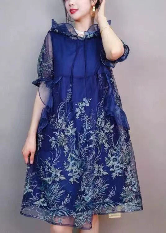 lightweight chiffon midi dressesNatural Navy Hooded Ruffled Embroideried Patchwork Tulle Mid Dress Summer