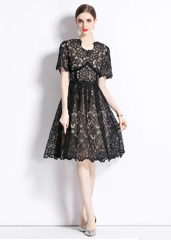 stretch midi dressesModern Black Hollow Out Wrinkled Patchwork Lace Mid Dress Summer