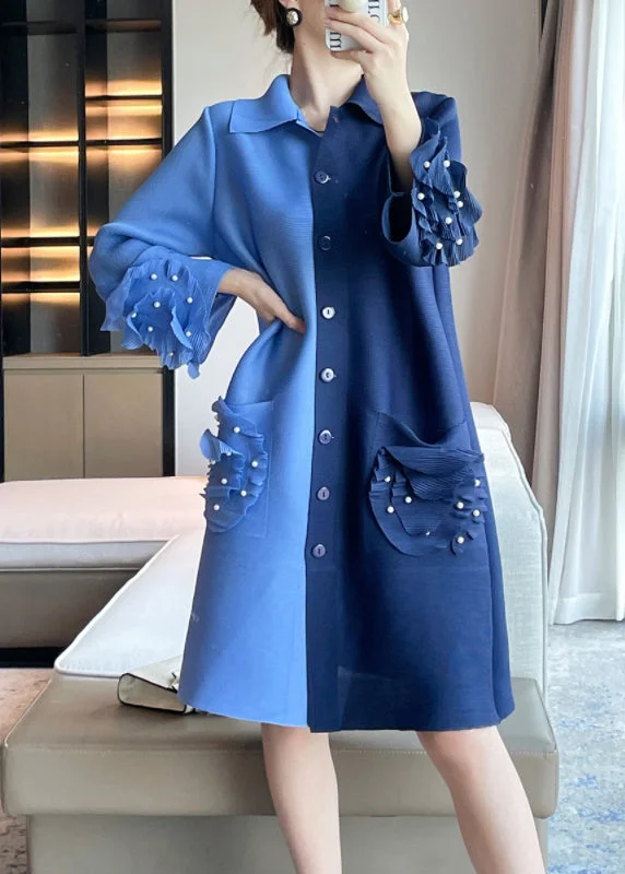 waist-cinching midi dressesBlue Pockets Patchwork Cotton Mid Dresses Wrinkled Nail Bead Butterfly Sleeve