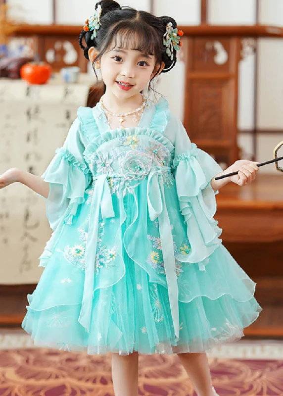 long-sleeved floral midi dressesFine Green Embroideried Patchwork Tie Waist Tulle Baby Girls Mid Dress Flare Sleeve