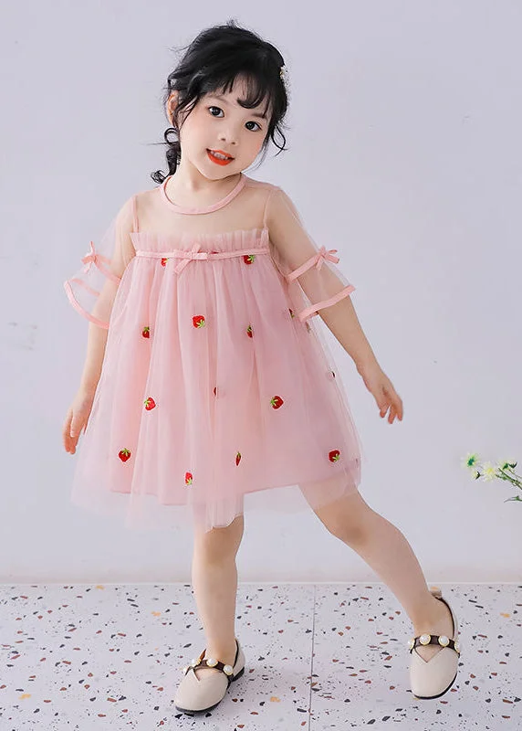 lightweight midi dressesLovely Pink O-Neck Patchwork Strawberry Tulle Kids Girls Mid Dress Short Sleeve