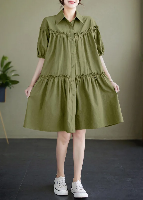 midi dresses for weddingsBoho Green Ruffled Patchwork Wrinkled Solid Cotton Mid Dress Summer