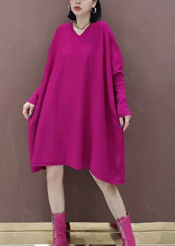 simple yet stylish midi dressesPlus Size Rose V Neck Patchwork Knit Mid Dresses Batwing Sleeve