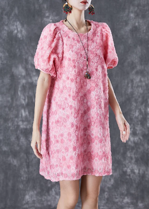 casual chic midi dressesBeautiful Pink Floral Silk Mid Dresses Puff Sleeve