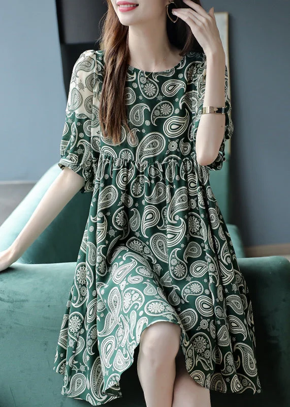 printed midi dressesBohemian Green O-Neck Print Chiffon Mid Dress Summer