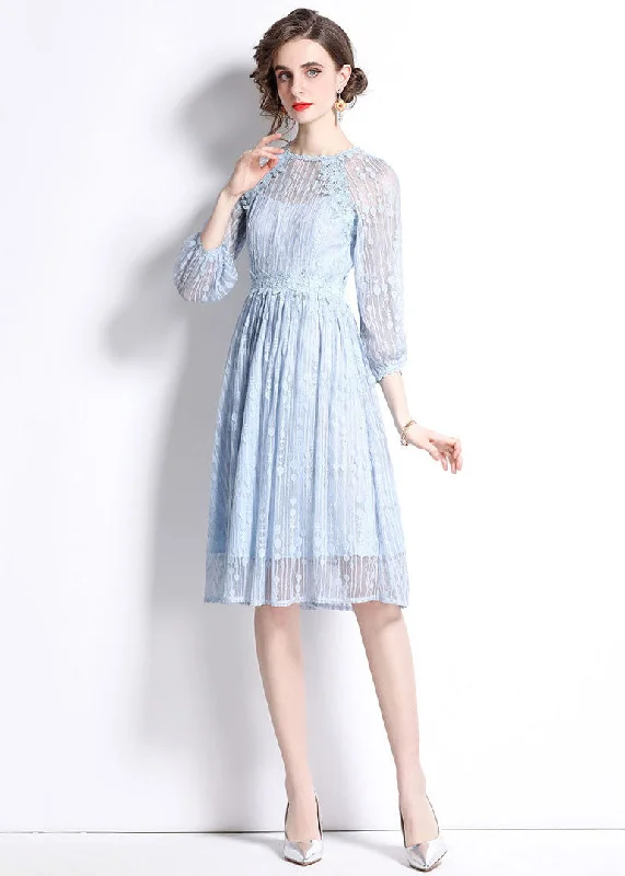 velvet midi dressesWomen Sky Blue Embroideried Wrinkled Patchwork Lace Mid Dress Summer