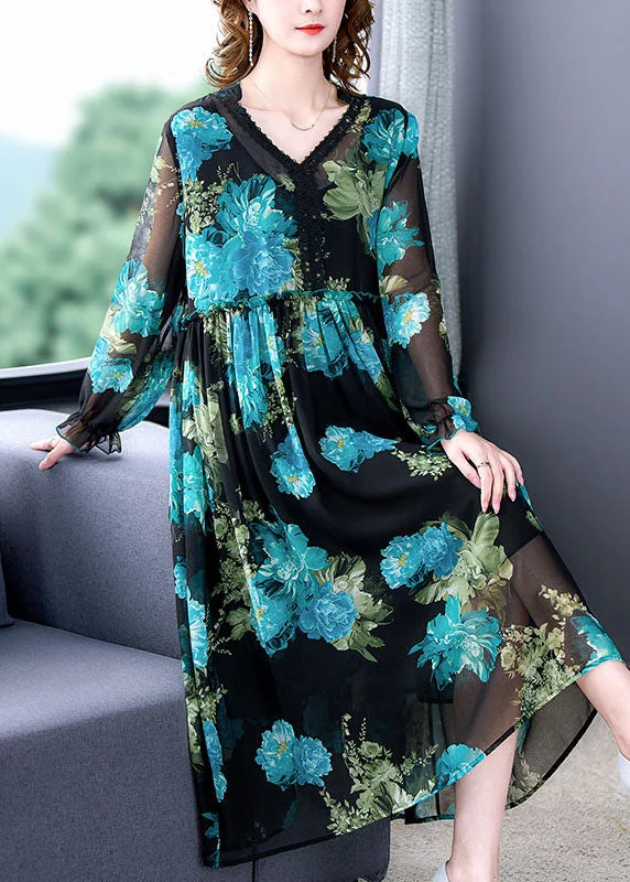 midi dresses for winterItalian Blue V Neck Ruffled Print Patchwork Chiffon Mid Dress Long Sleeve