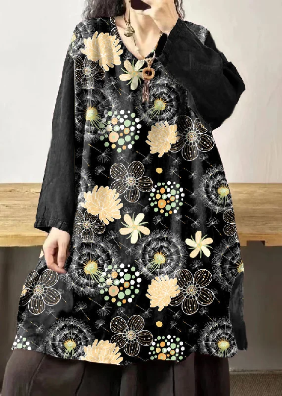 off-the-shoulder midi dressesVintage Black flower V Neck Embroidered Patchwork Linen Mid Dresses Fall