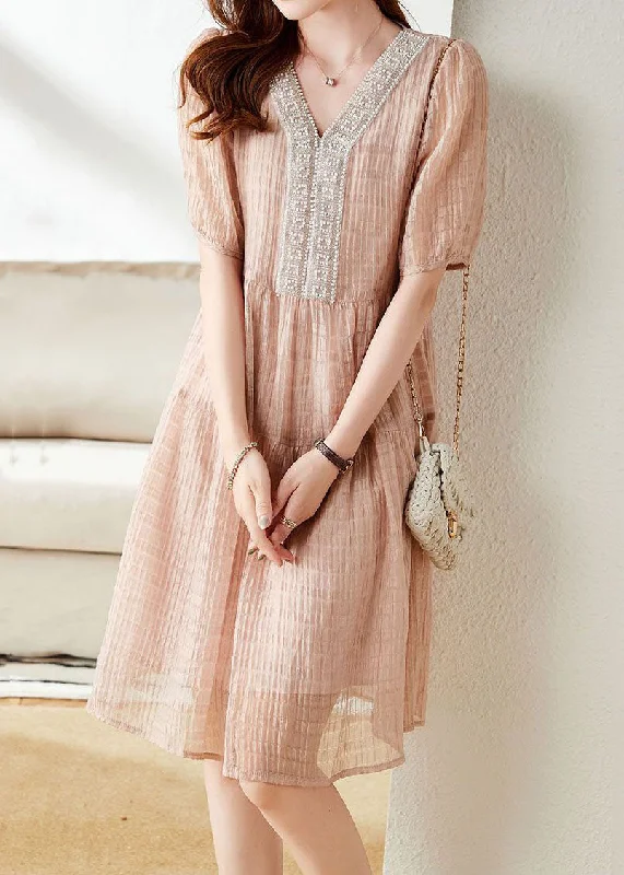 midi dresses made of silkFine Pink V Neck Wrinkled Nail Bead Patchwork Chiffon Mid Dress Summer