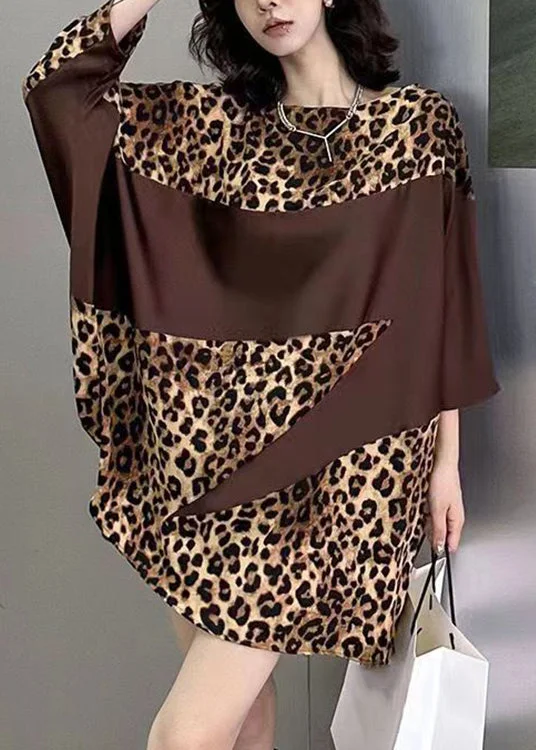 polyester midi dressesFrench Leopard O Neck Print Patchwork Cotton Mid Dress Batwing Sleeve