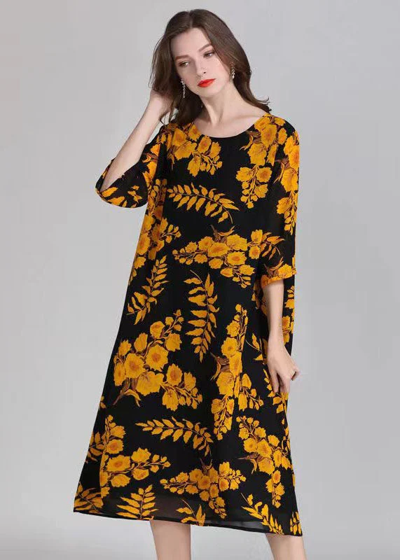 midi ballerina dressesOrganic Yellow O Neck Print Patchwork Chiffon Mid Dress Summer