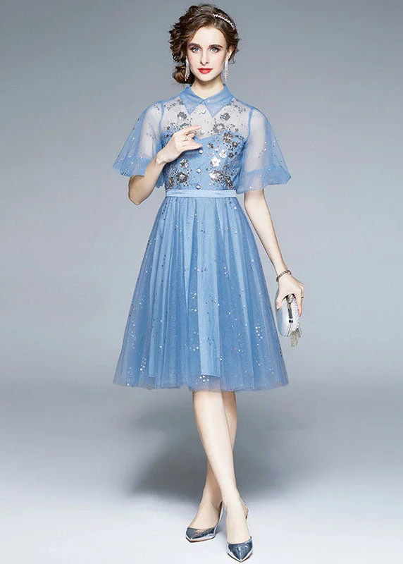 midi dresses with buttonsNew Blue Embroideried Sequins Patchwork Tulle Mid Dress Puff Sleeve