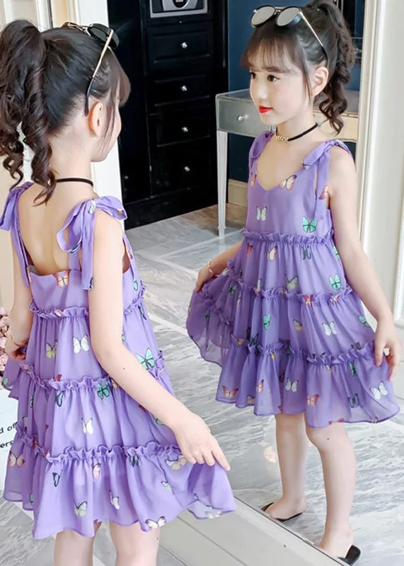 chic midi dressesModern Purple V Neck Print Ruffled Patchwork Kids Chiffon Slip Mid Dress Summer