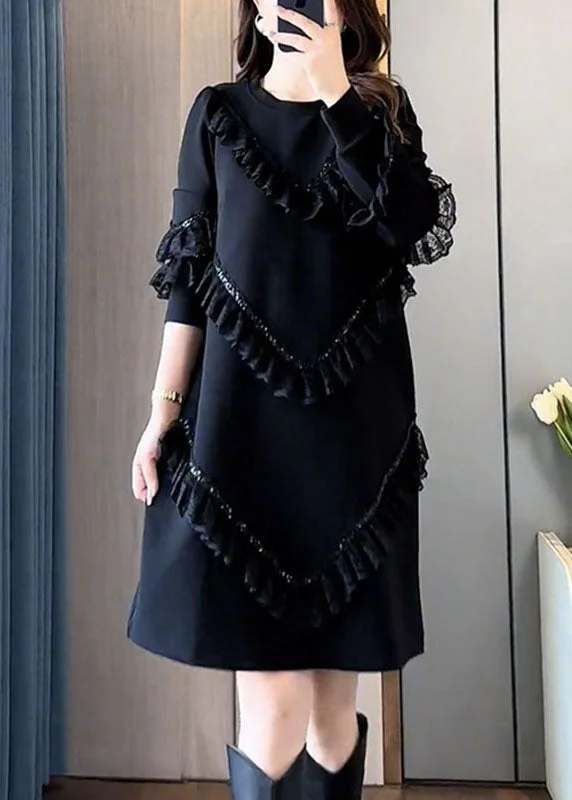 midi dresses with sheer sleevesFashion Black O-Neck Ruffled Patchwork Mid Dress Fall