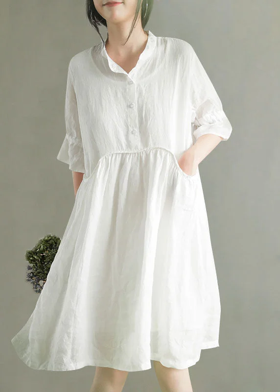 midi dresses in floral printsWhite Wrinkled Button Solid Ramie Mid Dress Half Sleeve