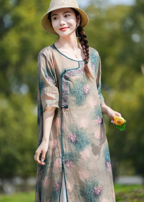 polyester midi dressesUnique Khaki O-Neck Print Patchwork Linen Mid Dresses Summer