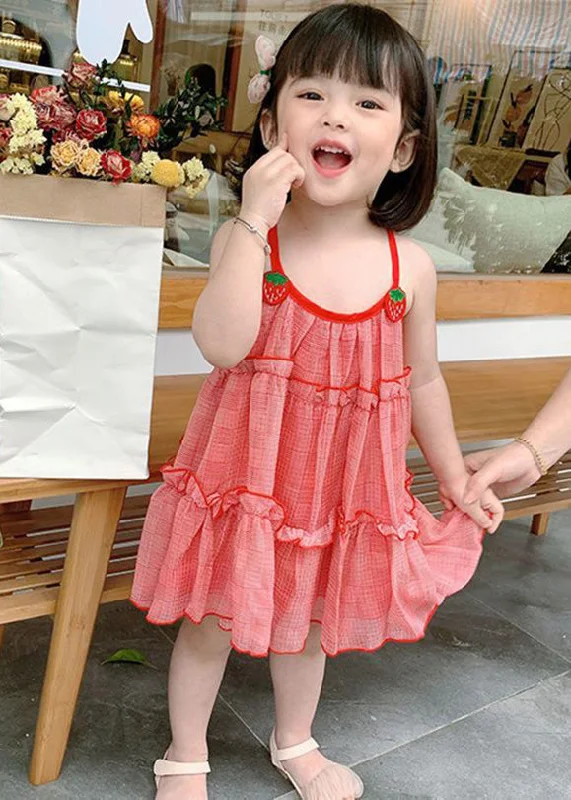 midi dresses for special occasionsClassy Red Plaid Ruffled Patchwork Kids Chiffon Girls Slip Mid Dress Sleeveless