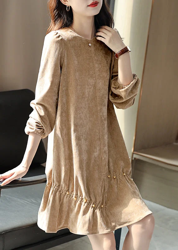 long midi dressesCasual Khaki Wrinkled Nail Bead Velour Mid Dresses Spring