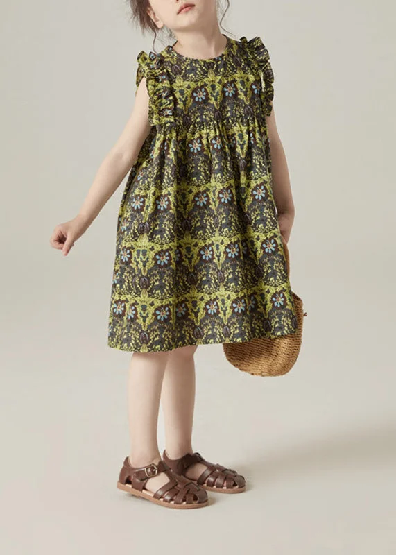 simple yet stylish midi dressesBoho Green O-Neck Print Ruffled Wrinkled Cotton Girls Mid Dress Sleeveless