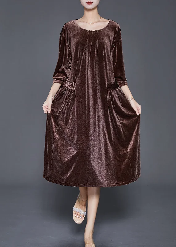 midi dresses with pocketsChocolate Silk Velour Mid Dresses Oversized Pockets Fall