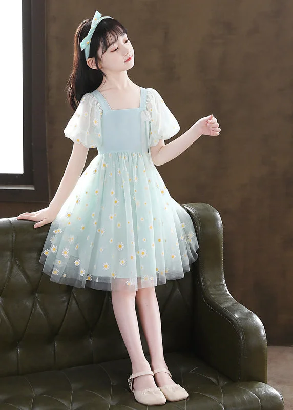 midi dresses with bow detailsStylish Green Puff Sleeve Daisy Tulle Kids Girls Mid Dress Summer