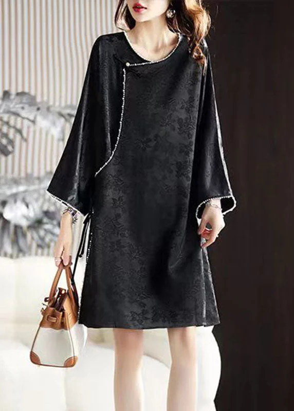 flowy midi dressesArt Black O-Neck Nail Bead Silk Mid Dress Long Sleeve