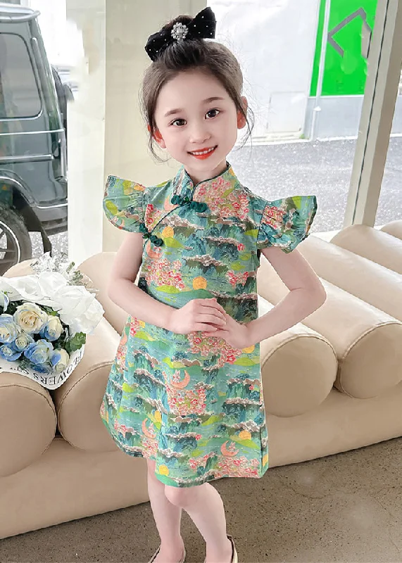 midi dresses for special occasionsGreen Print Patchwork Kids Vacation Mid Dress Short Sleeve