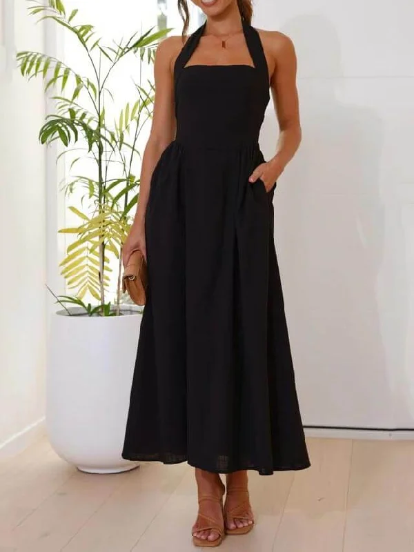 midi fit-and-flare dressesHalter Neck Waist Little Graceful Black Dress Mid Length Dress