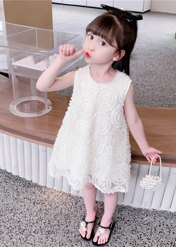 everyday midi dressesHandmade White Pearl Patchwork Floral Solid Cotton Kids Mid Dresses Summer