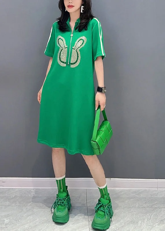 midi dresses for weddingsFashion Green Stand Collar Mid Dress Summer