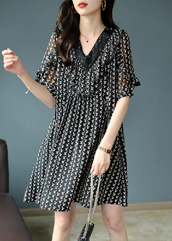 midi dresses in solid colorsClassy Black V Neck Lace Patchwork Print Chiffon Mid Dress Short Sleeve