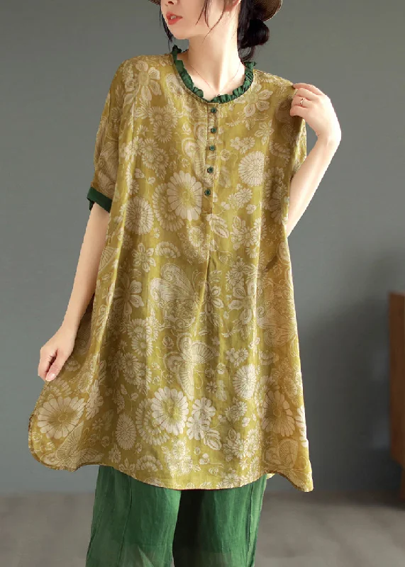 mid-length midi dressesYellow Button Patchwork Linen Mid Dresses O Neck Half Sleeve