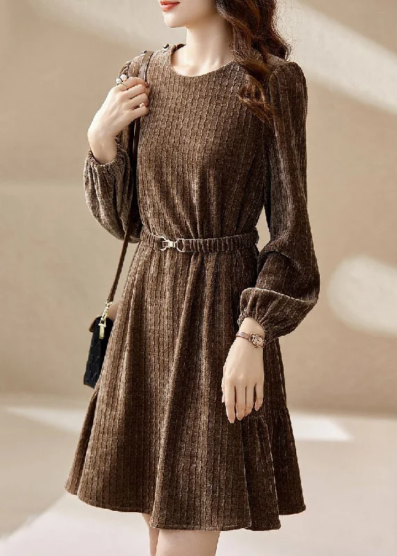 sleeveless midi dressesWomen Coffee O Neck Sashes Patchwork Silk Velour Mid Dress Spring