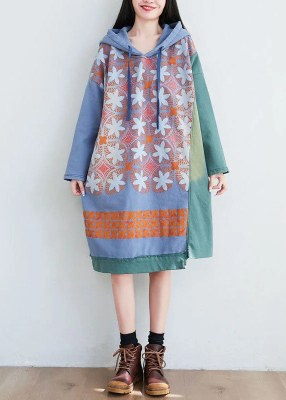 quick-dry midi dressesWomen Green Hooded Print Cotton Mid Dresses Spring