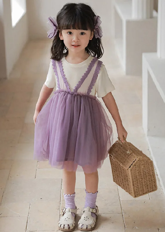 affordable midi dressesPurple O-Neck Tulle Girls Vacation Mid Dresses Short Sleeve