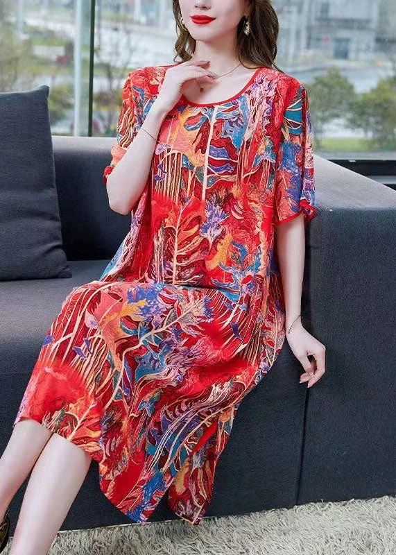 button-down midi dressesBohemian Red O Neck Print Patchwork Silk Mid Dress Summer