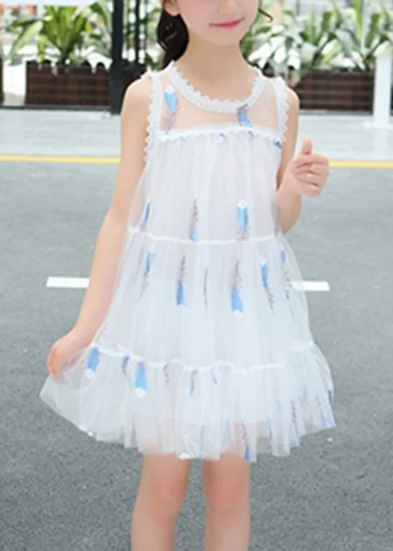 midi dresses for workCute White O-Neck Sequins Patchwork Tulle Girls Mid Dress Summer