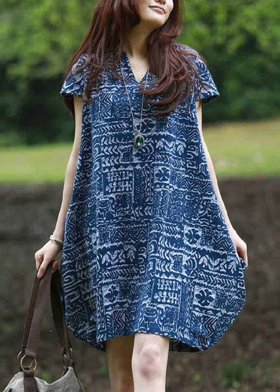 velvet midi dressesModern Blue V Neck Print Patchwork Linen Mid Dresses Summer