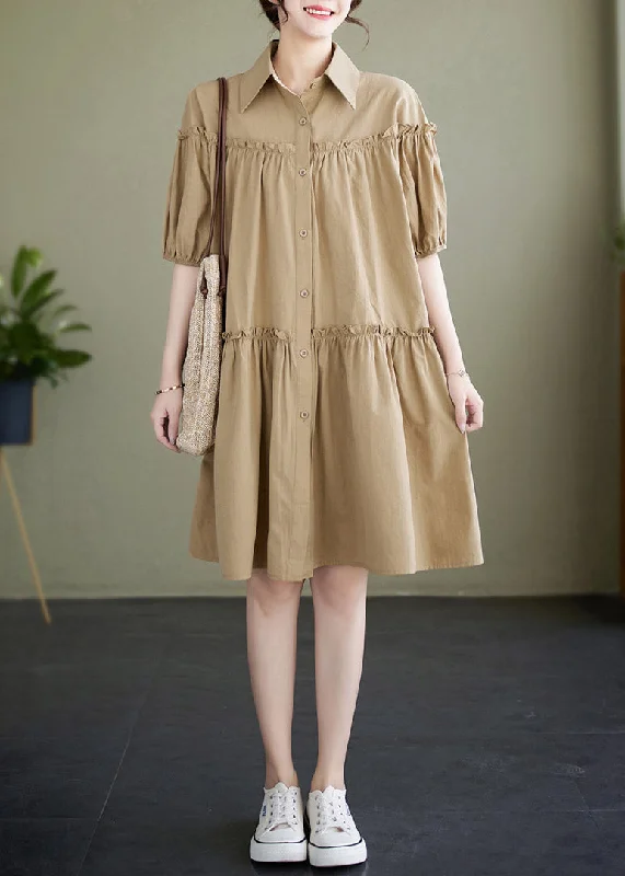 midi dresses for autumnKhaki Peter Pan Collar Button Cotton Mid Dress Short Sleeve