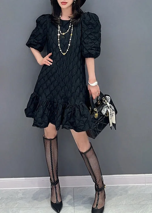 elegant evening midi dressesBlack Patchwork Slim Mid Dress Puff Sleeve