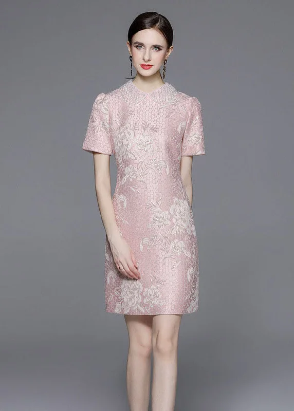 ruffled midi dressesStyle Pink Peter Pan Collar Jacquard Patchwork Cotton Mid Dress Summer