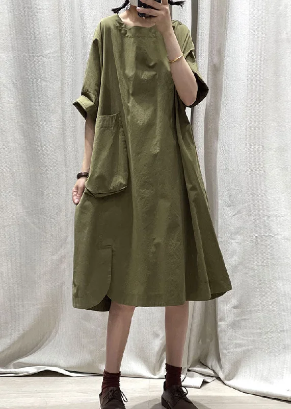 elegant evening midi dressesCasual Army Green O Neck Pockets Patchwork Cotton Mid Dress Summer