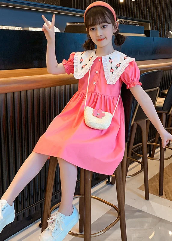 midi dresses with bow detailsCute Pink Print Patchwork Wrinkled Cotton Girls Holiday Mid Dress Short Sleeve