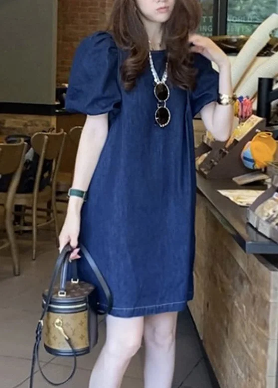 mini midi dressesPlus Size Blue O-Neck Patchwork Cozy Mid Denim Dresses Short Sleeve