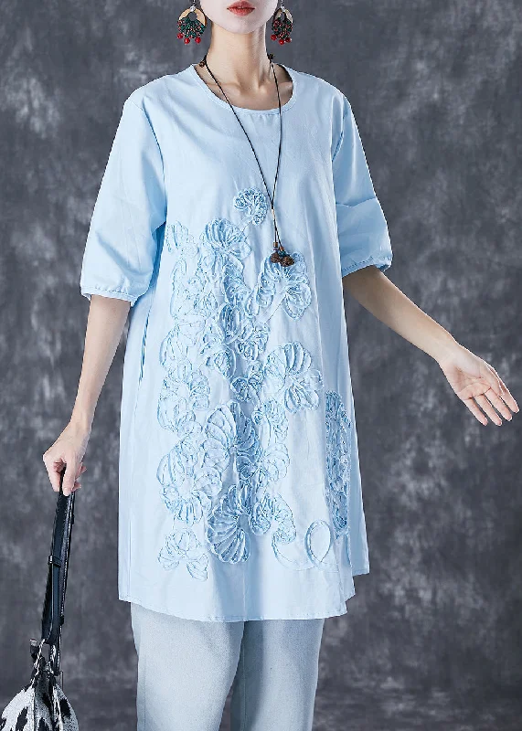 spaghetti strap midi dressesElegant Sky Blue Embroideried Linen Mid Dress Summer