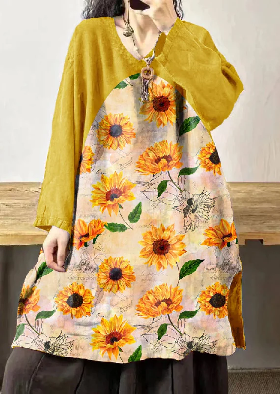 open-back midi dressesVintage Yellow sunflower V Neck Embroidered Patchwork Linen Mid Dresses Fall