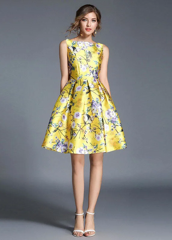 floral midi dressesFashion Yellow Print Wrinkled Patchwork Cotton Mid Dress Sleeveless